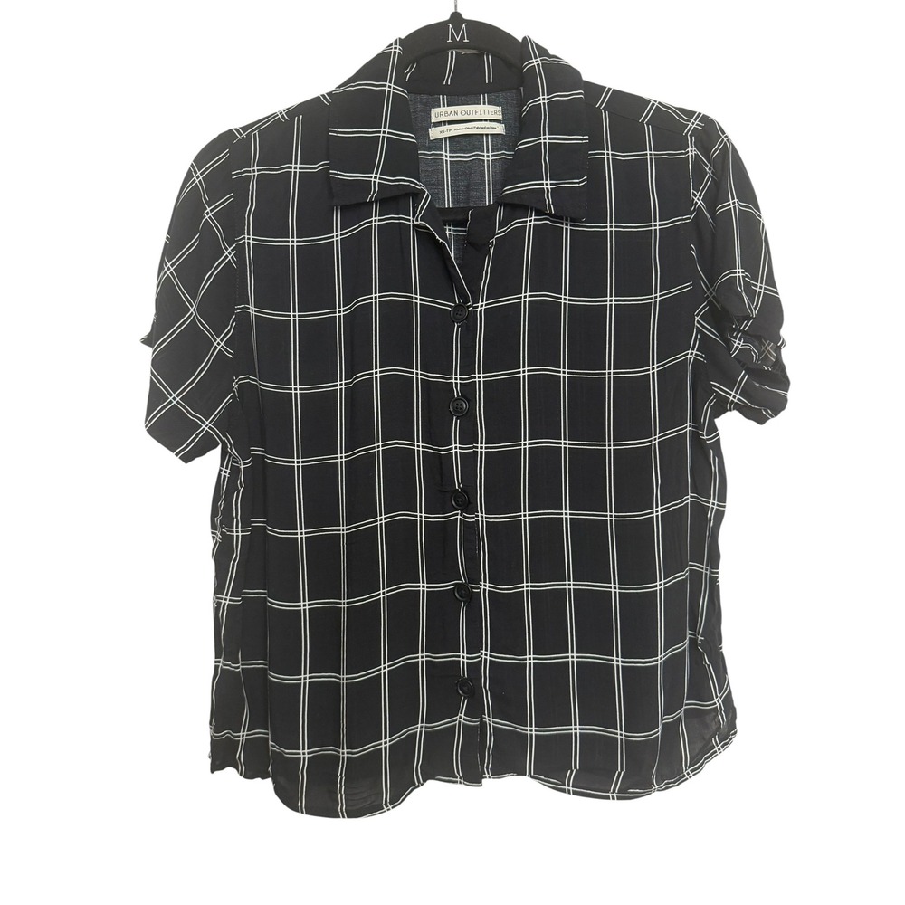 Urban Outfitters Black White Grid Windowpane Button Down Shirt XS Rayon Top